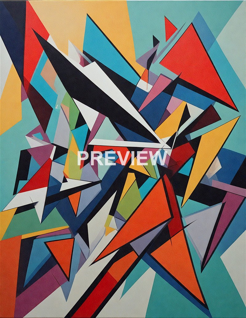 An abstract artwork composed of numerous sharp, angular shapes in vibrant colors such as red, black, white, blue, yellow, and purple, arranged in a dynamic, chaotic pattern.
